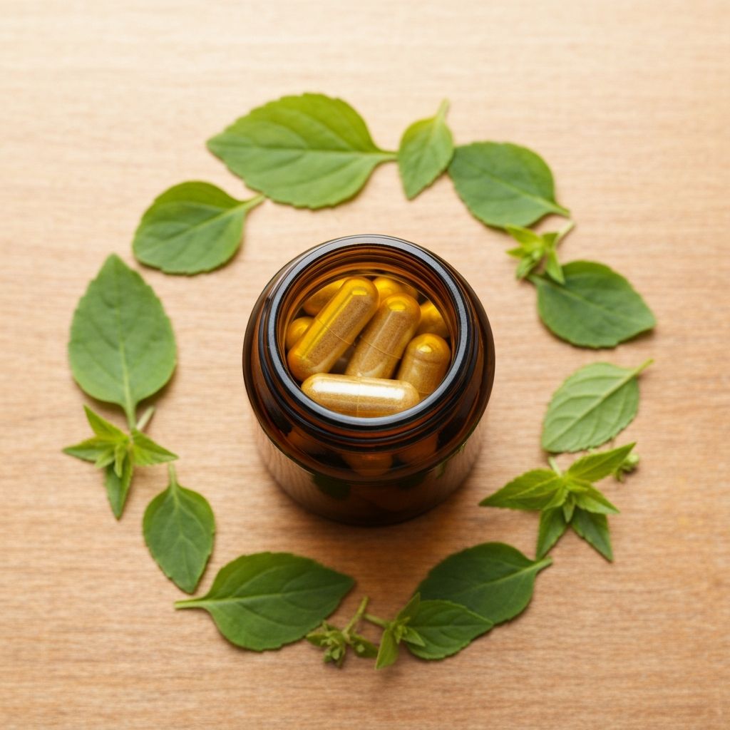 Natuerliche Kraeuterergaenzungen in Glasflasche